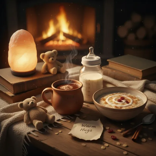 Assortment of beverages and items utilizing warm milk, including hot chocolate and a baby bottle.