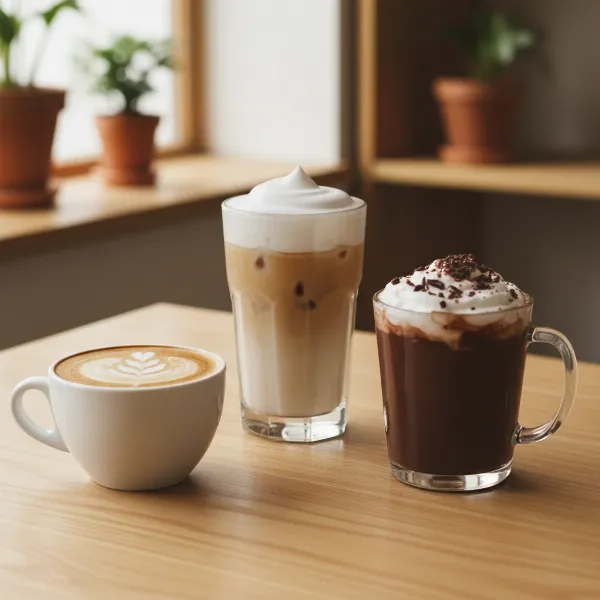 Variety of beverages made with WMF Lono frother: cappuccino, iced coffee, and hot chocolate, perfectly frothed.