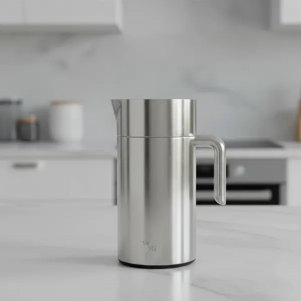 WMF Lono milk frother, elegant stainless steel design, compact appliance on kitchen counter, modern style.